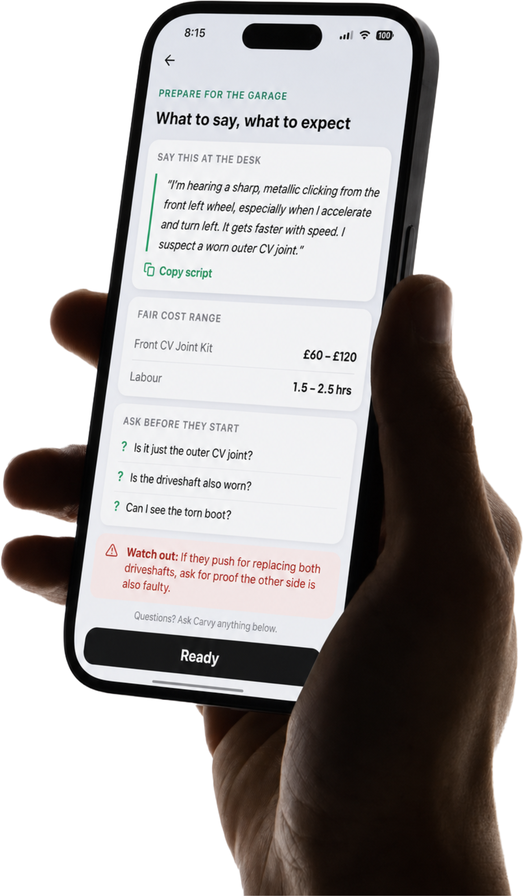 Carvy cost estimate screen